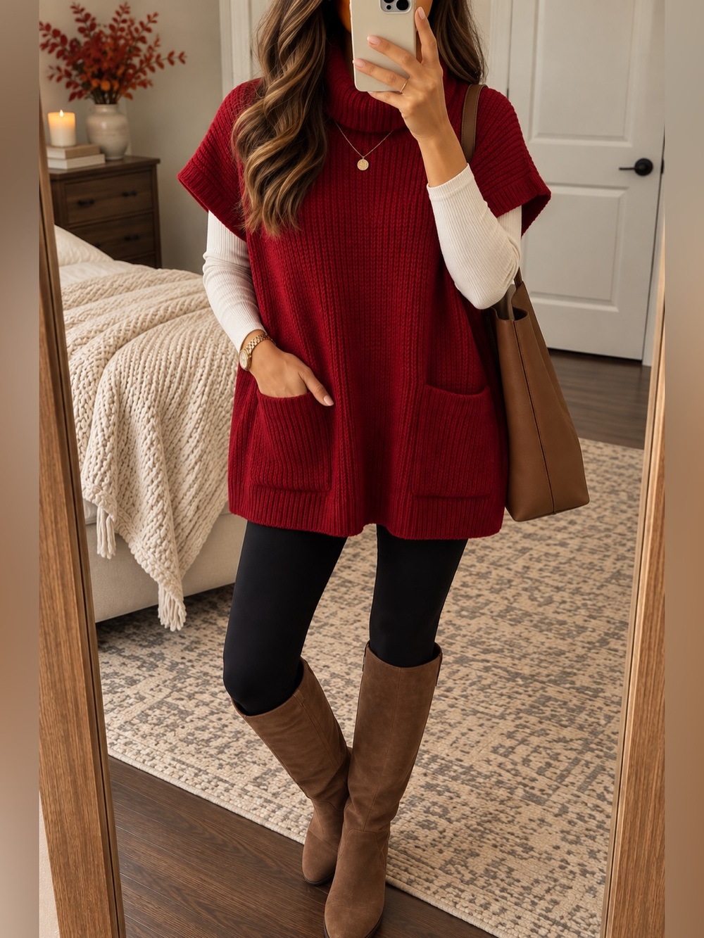 SHEIN Deep Red Oversized Turtleneck Sweater with Front Pockets